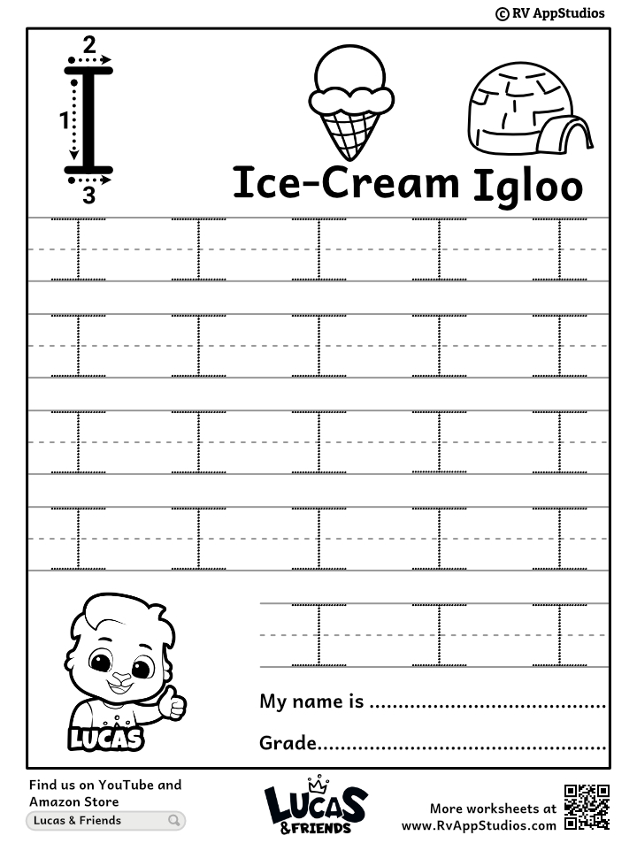 Ice-cream themed handwriting worksheet with traced letter I lines