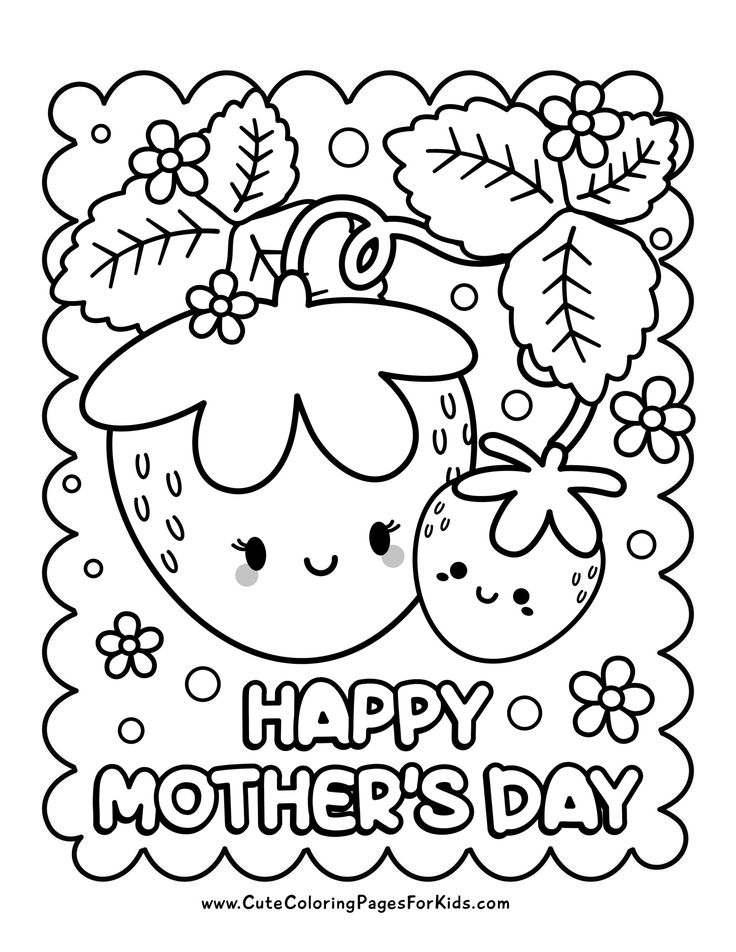 Happy Mother’s Day coloring page with strawberries and flowers