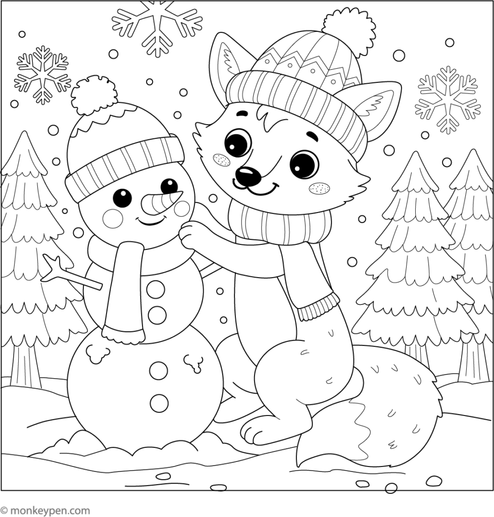 Fox and snowman wearing winter hats in snowy forest