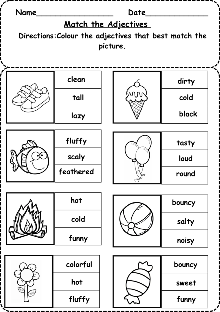 Adjective matching worksheet with pictures and word choices