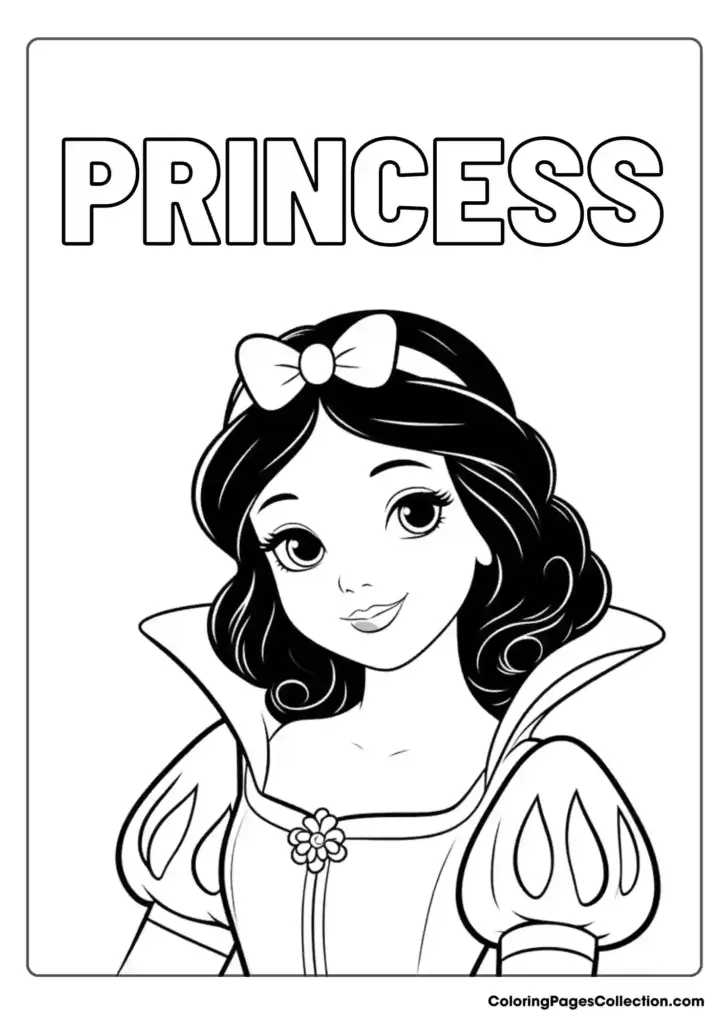 Black-and-white princess coloring page with Snow White illustration