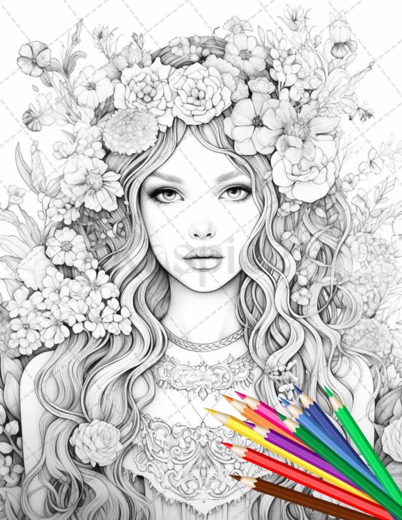 Detailed floral portrait of woman with colored pencils