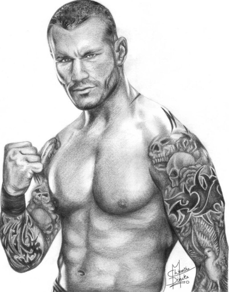 Pencil drawing of tattooed muscular man posing with fist raised
