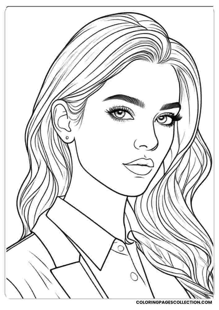 Black-and-white line drawing of a woman’s portrait