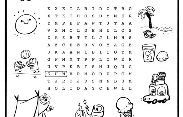 Summer word search worksheet with cartoon drawings and words list