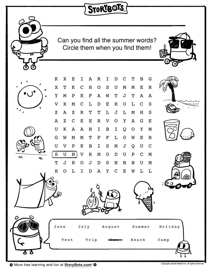 Summer word search worksheet with cartoon drawings and words list
