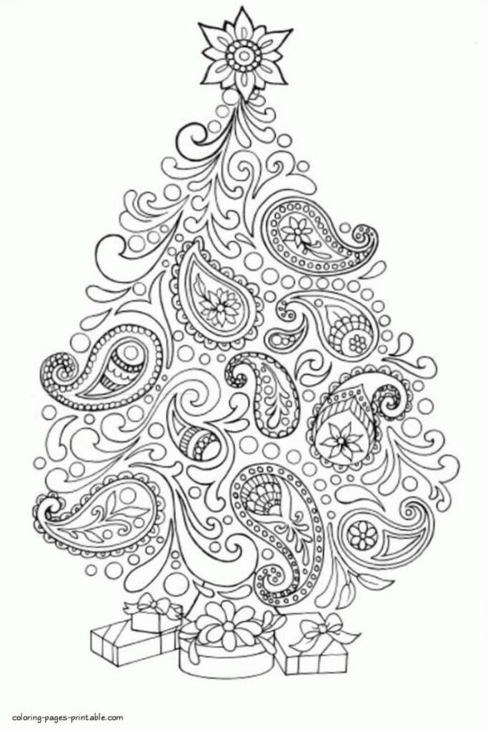 Ornate paisley Christmas tree coloring page with presents