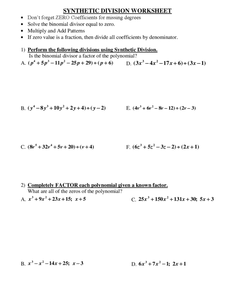 Synthetic division worksheet with polynomial problems and instructions