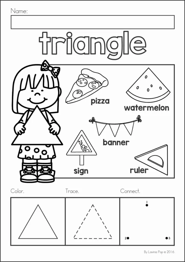 Triangle worksheet with girl and shape examples