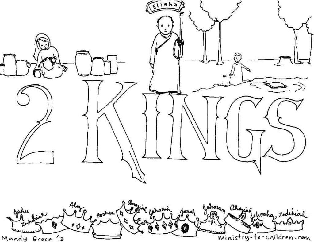 Black-and-white Bible coloring page titled 2 Kings with figures and jars