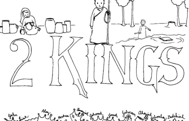 Black-and-white Bible coloring page titled 2 Kings with figures and jars