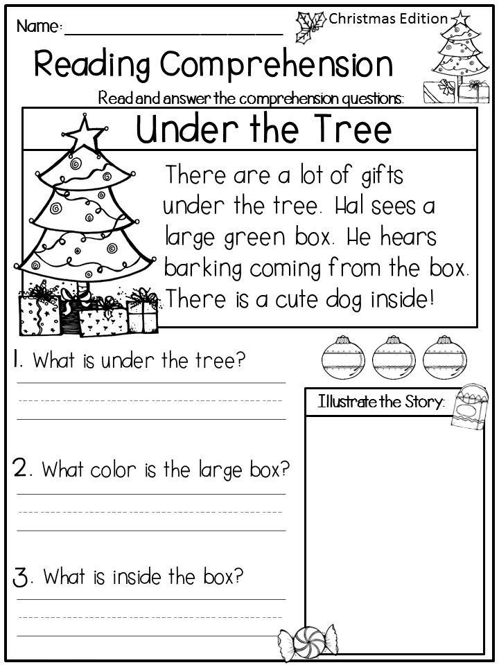 Christmas reading comprehension worksheet with tree and gifts