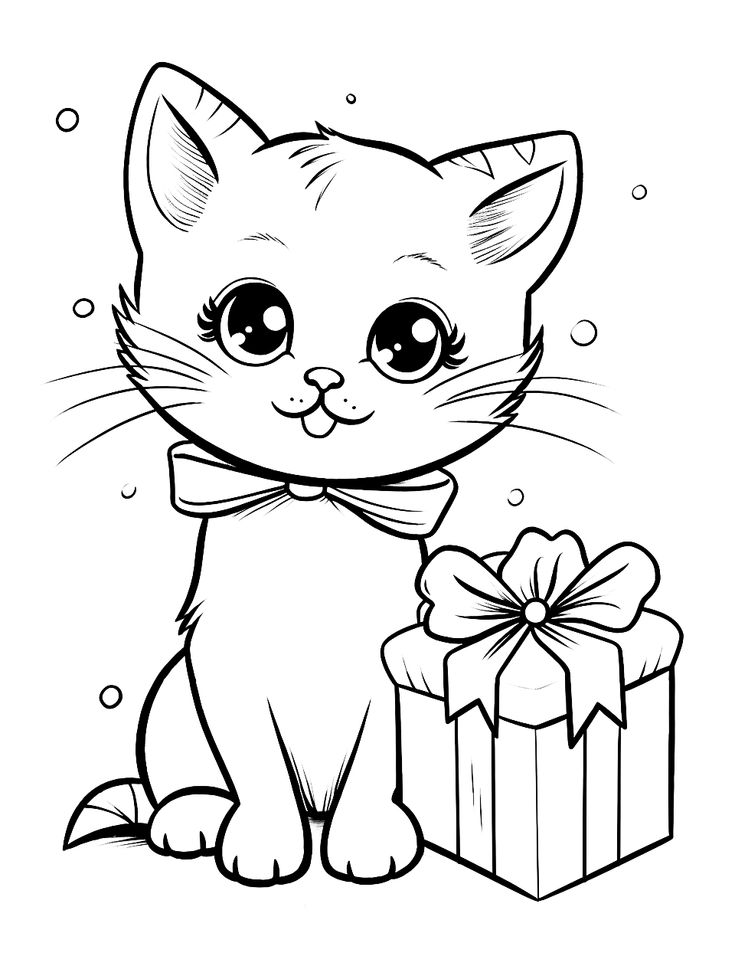 Cartoon kitten sitting beside wrapped gift box
