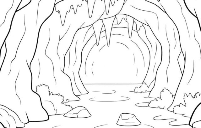 Black-and-white cave interior with stalactites and rocks