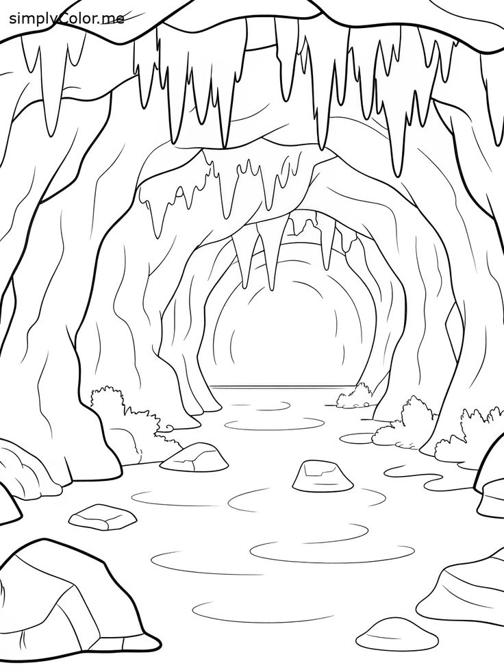 Black-and-white cave interior with stalactites and rocks
