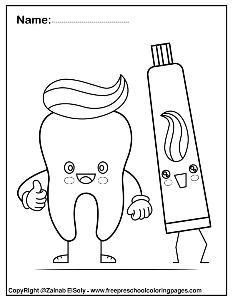 Cartoon tooth and toothpaste tube on white page