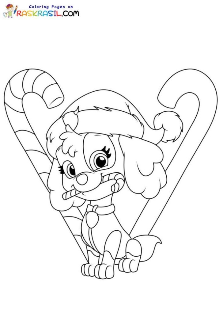 Cartoon dog in Santa hat with candy canes