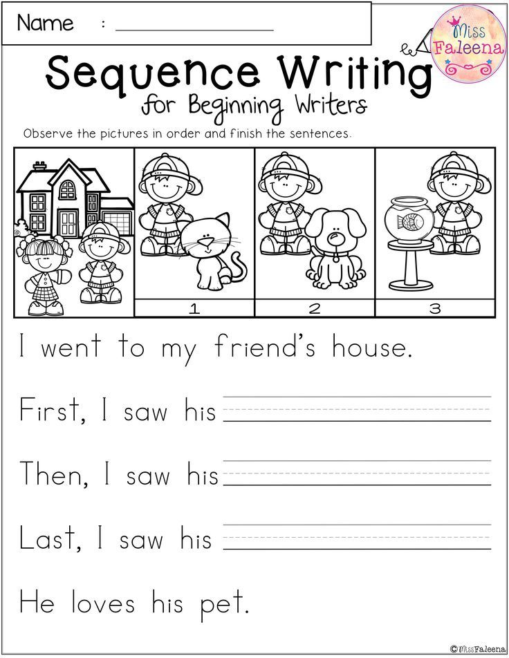 Sequence writing worksheet with house, child, and pets illustrations