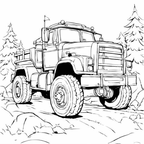Line drawing of a large truck driving through snowy woods