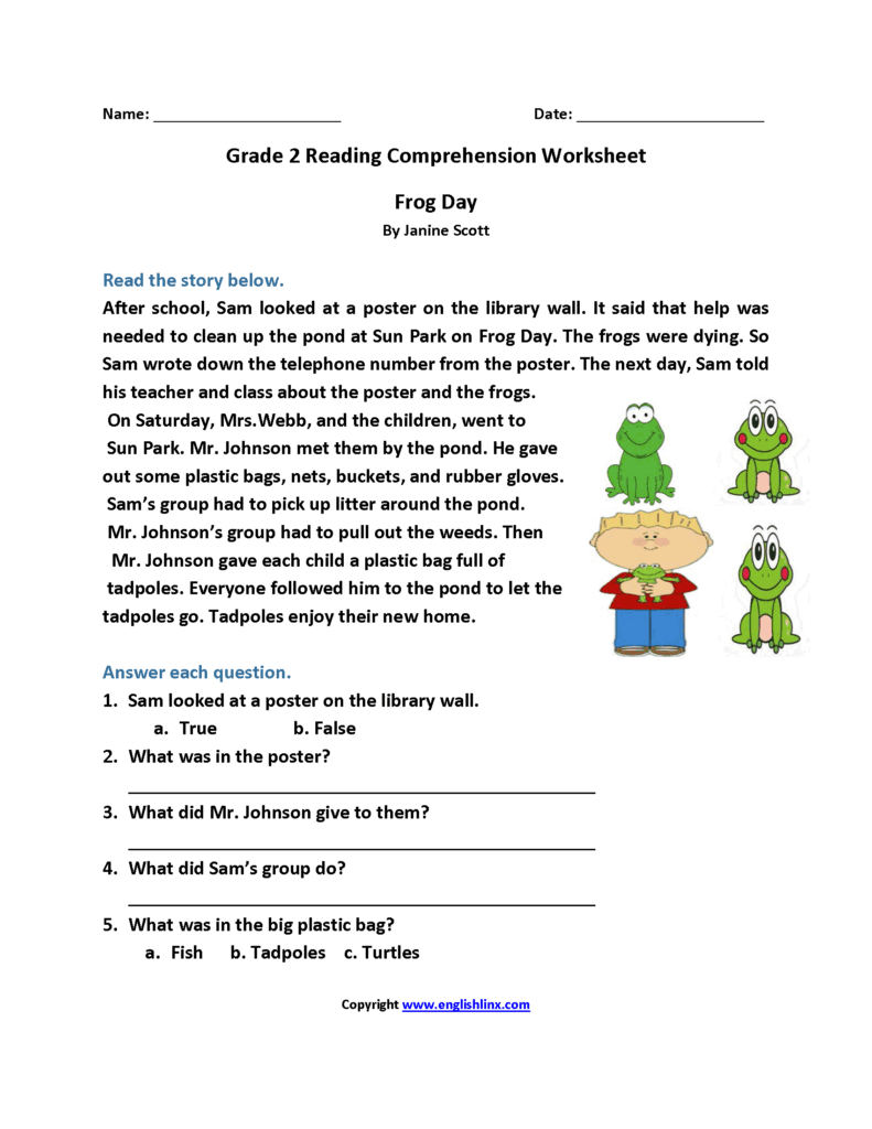 Grade 2 reading comprehension worksheet about frog day
