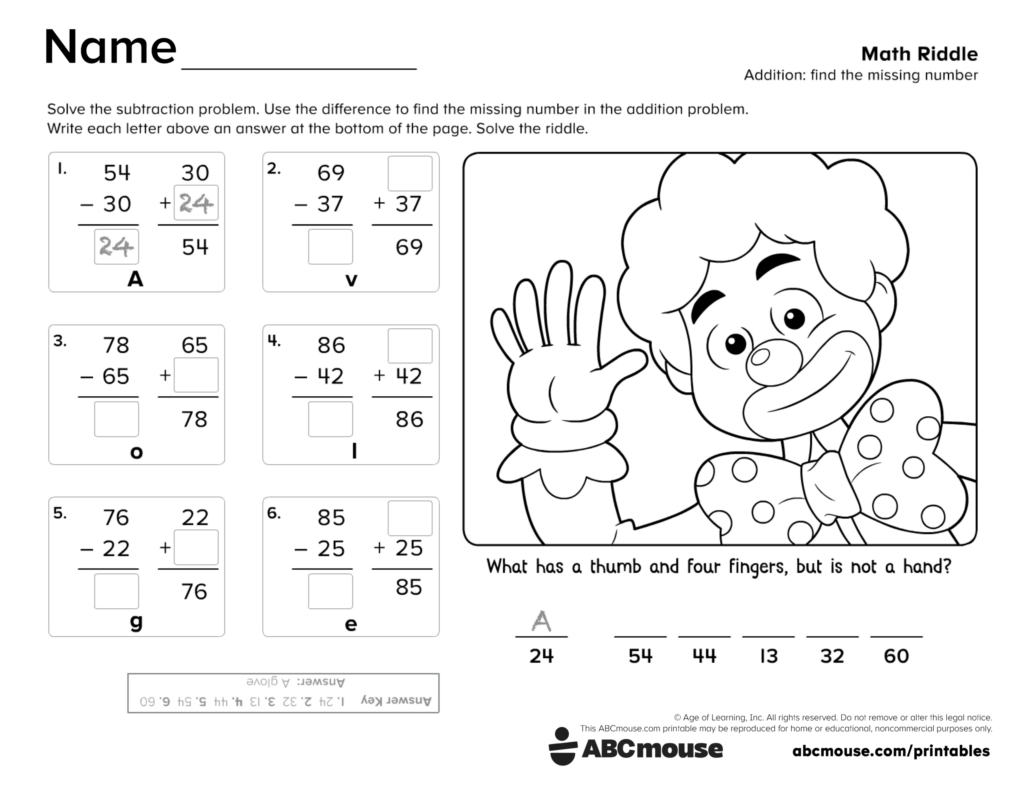 Math riddle worksheet with clown and number problems