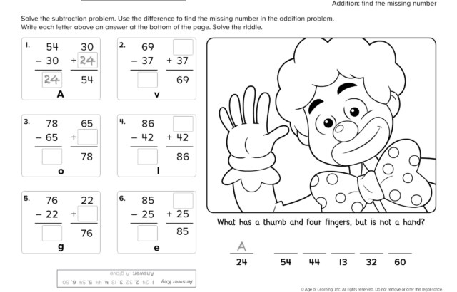 Math worksheet with clown and subtraction problems