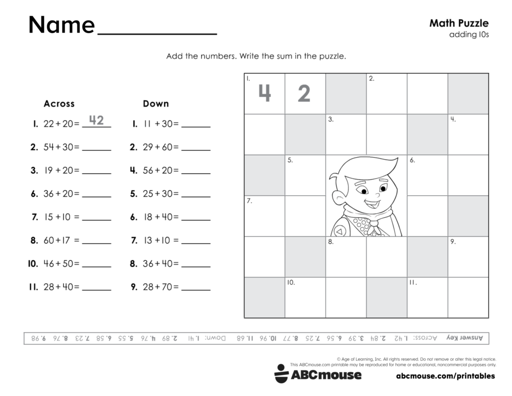 Kids math puzzle worksheet with addition grid and cartoon boy
