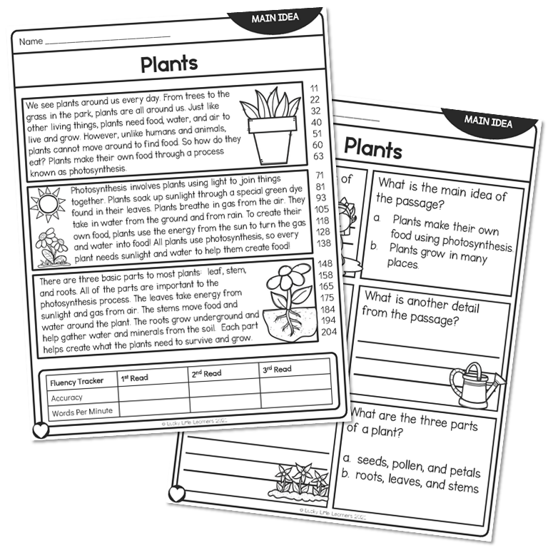 Two overlapping plant reading worksheet pages on white background