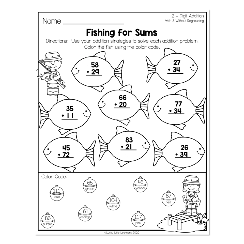 Fishing-themed addition worksheet with fish and color code