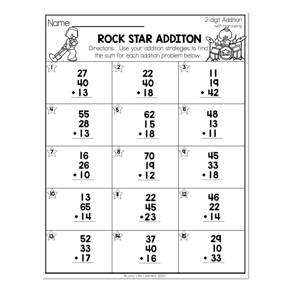 Rock star addition worksheet with 15 problems