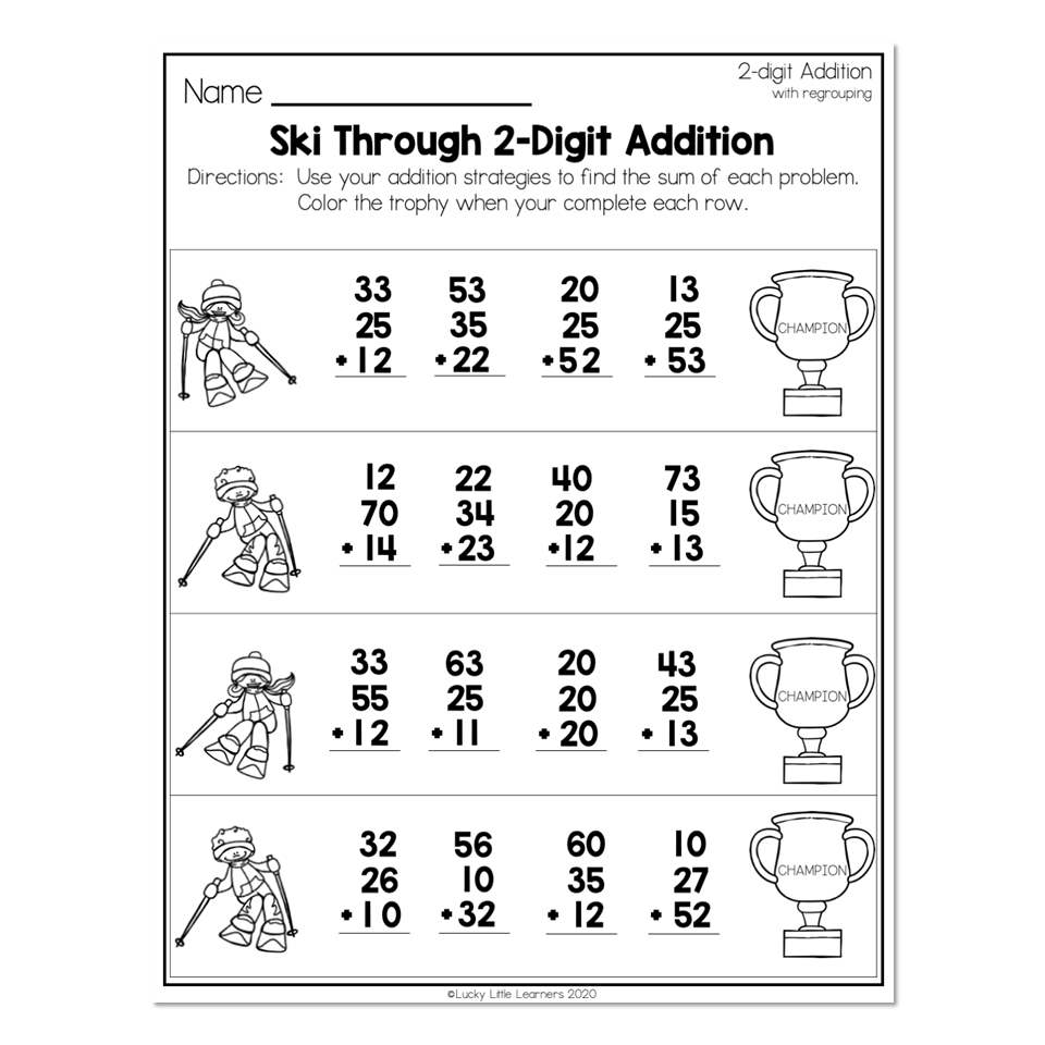 Printable ski-themed 2-digit addition worksheet with trophies