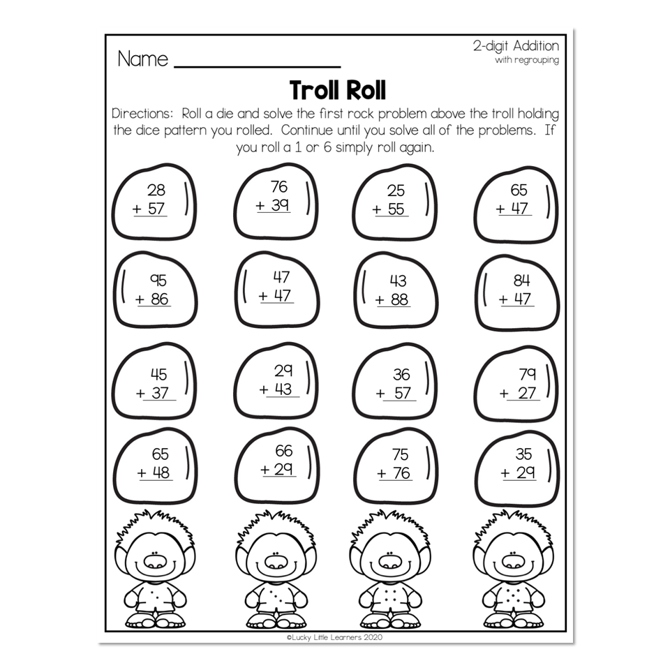 Black-and-white math worksheet with addition problems and troll drawings