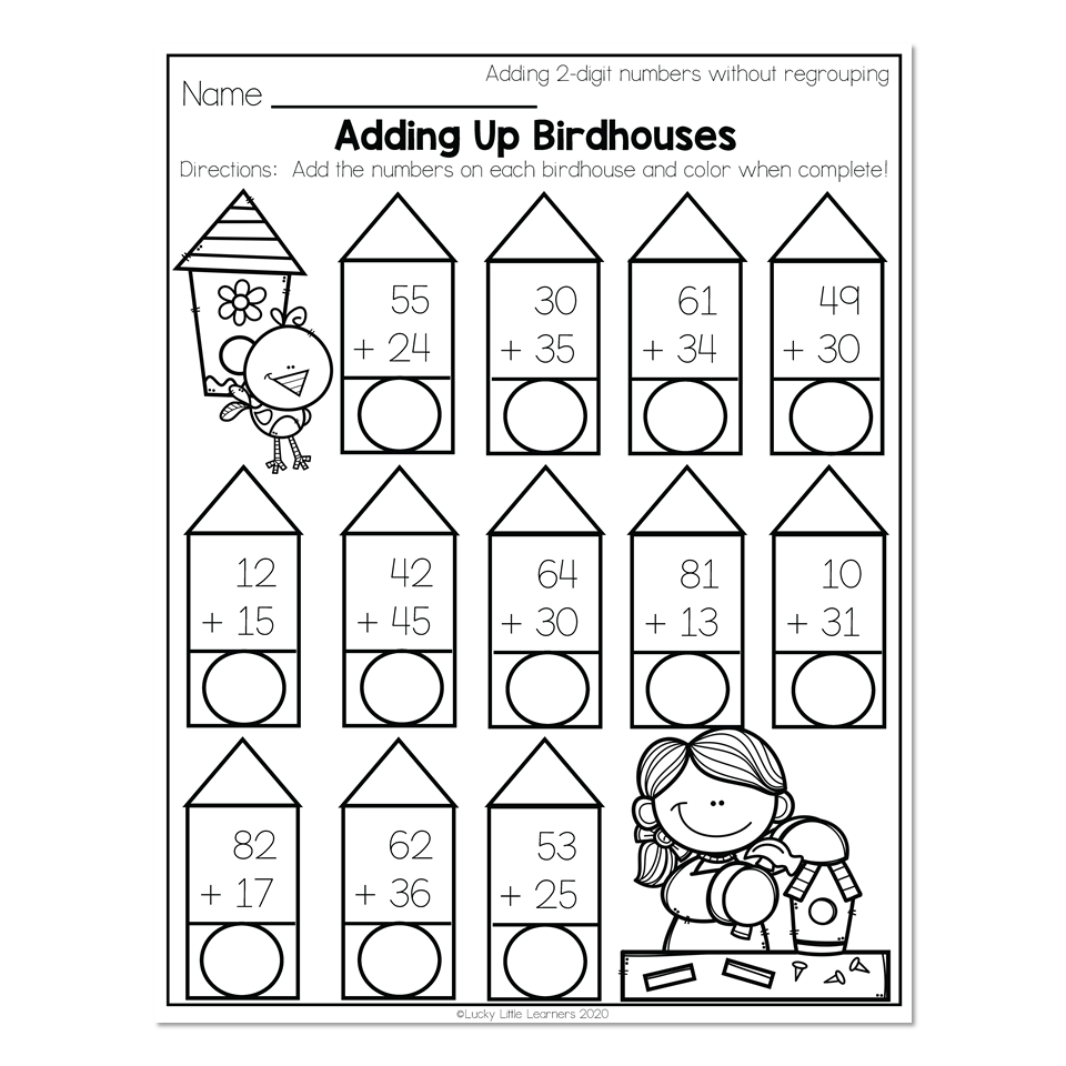 Birdhouse addition worksheet with cartoon children and birdhouses