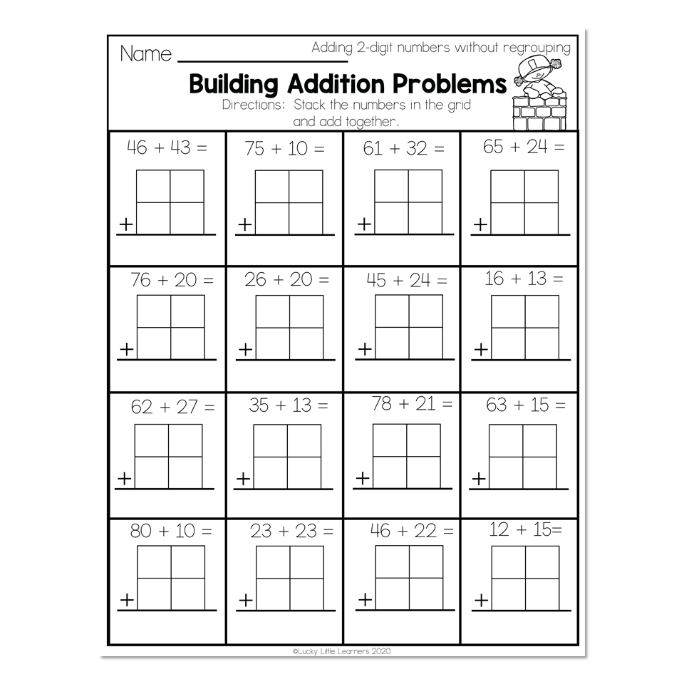Black-and-white addition worksheet with 16 problems in a grid