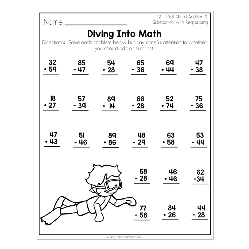 Black-and-white math worksheet with addition and subtraction problems