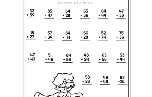 Math worksheet with mixed addition and subtraction problems and diver illustration