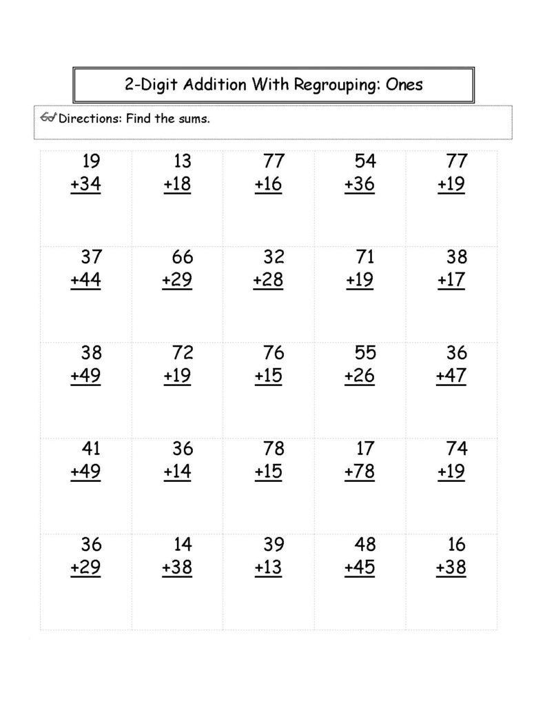 2-digit addition worksheet with 25 problems