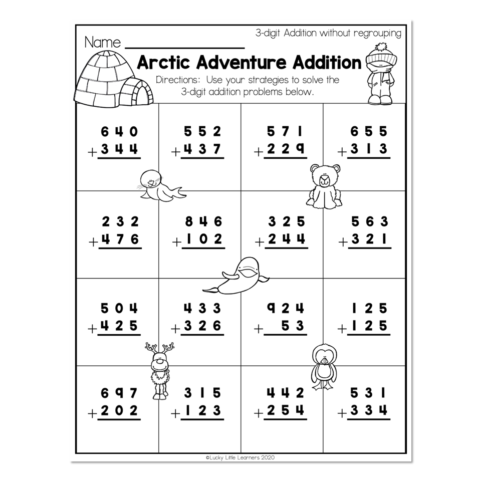 Arctic Adventure Addition worksheet with number problems and cartoons