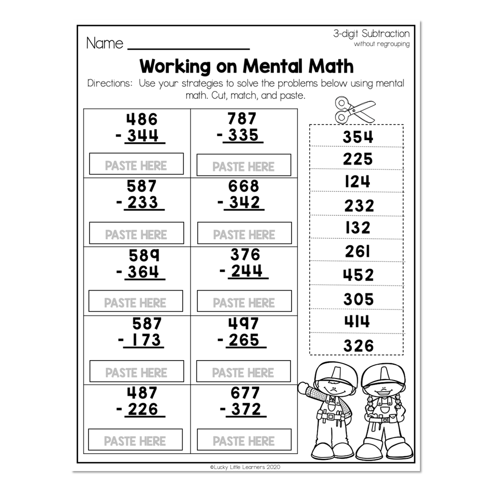 Elementary subtraction worksheet with cut-and-paste boxes and numbers