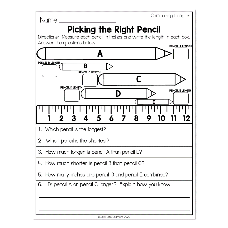 Pencil length comparison worksheet with ruler and questions