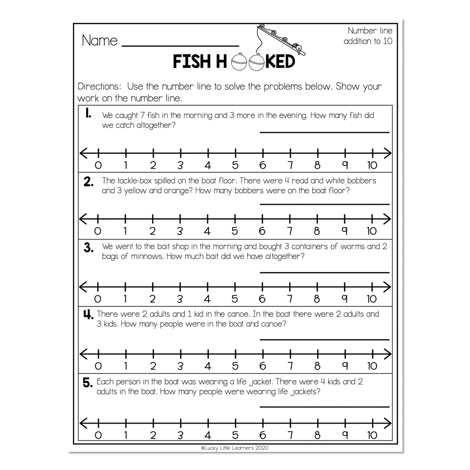 Fishing-themed addition worksheet with number lines