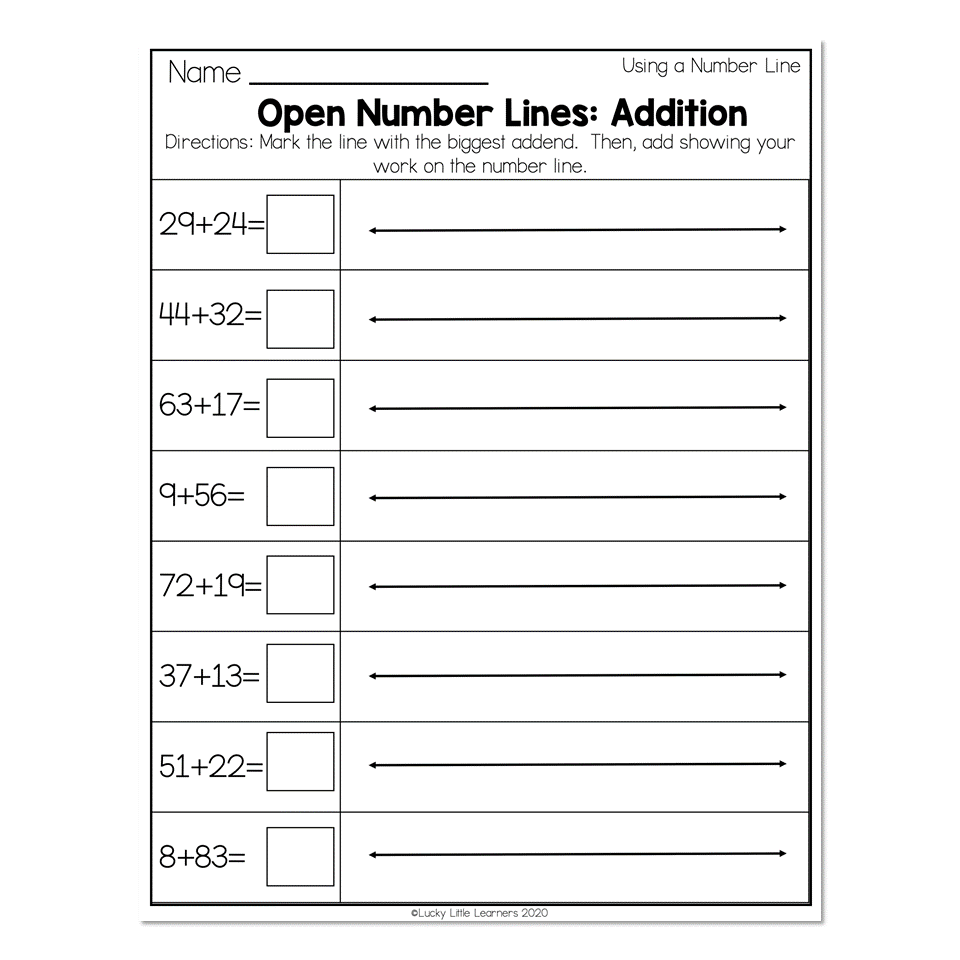 Open number line addition worksheet with blank boxes