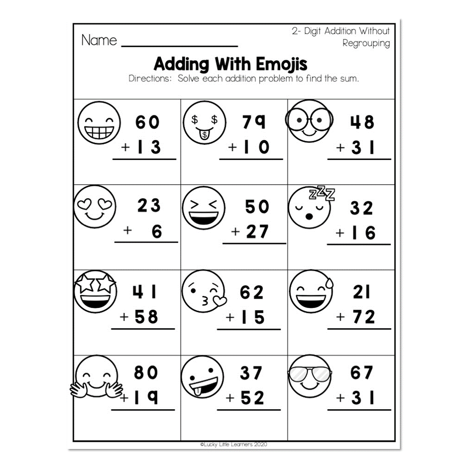 Emoji addition worksheet with twelve problems