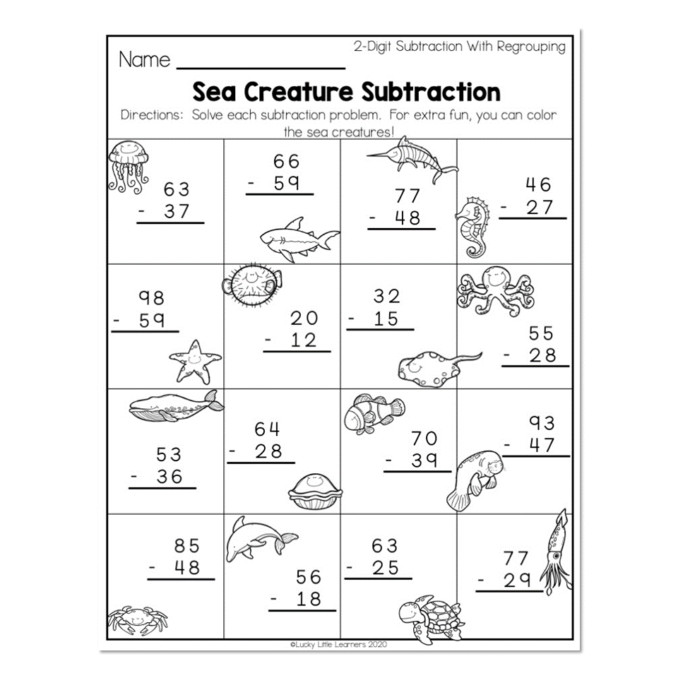 Sea creature subtraction worksheet with number problems and drawings