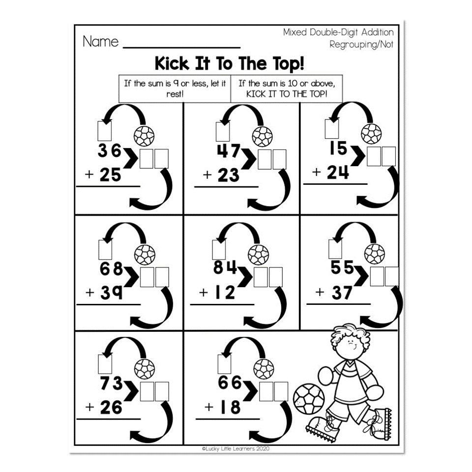 Printable double-digit addition worksheet with soccer theme