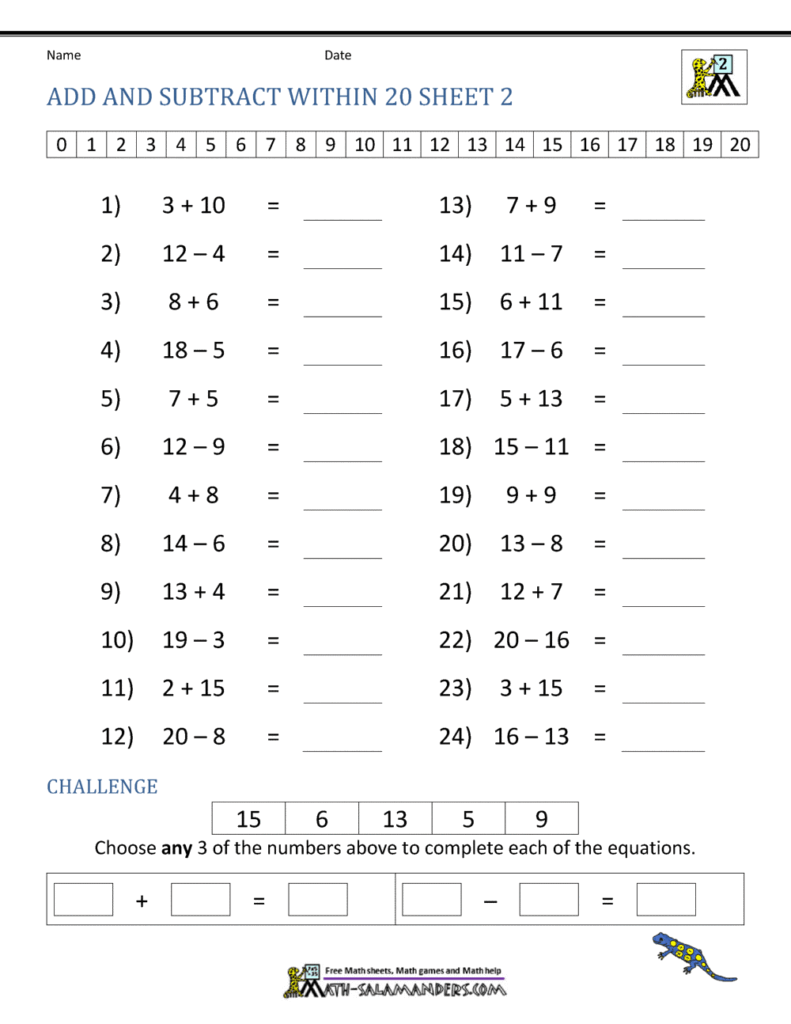 Math worksheet with add and subtract equations within 20