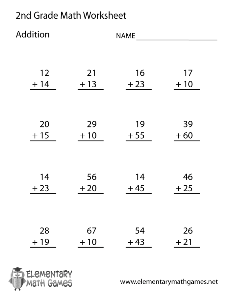 Second grade math worksheet with addition problems