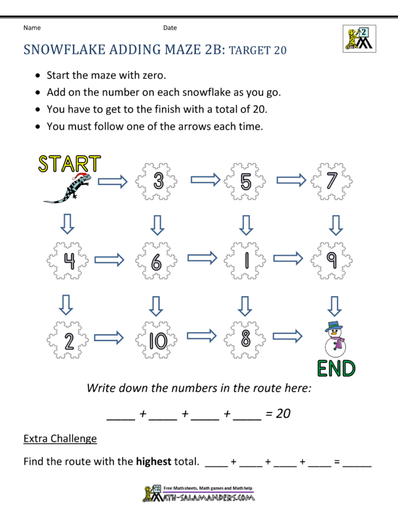 Snowflake adding maze worksheet with start and end