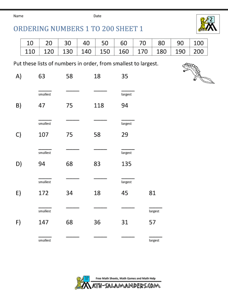 Number ordering math worksheet with six sets of numbers