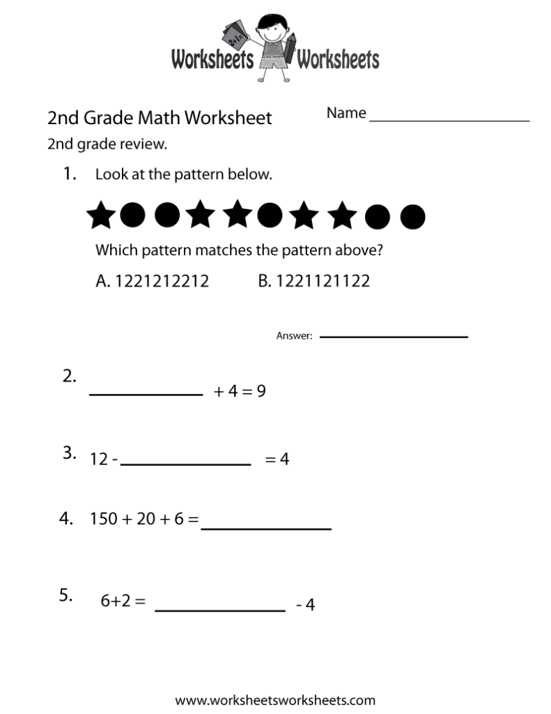 Second grade math worksheet with pattern and equations